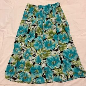 Vintage Blue Green Floral Midi Skirt with Brown Accents - Size 8